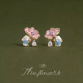 Gold Tone Pink Flower Blue Green Leaf And Clear Teardrop Stud Earrings view 4