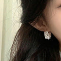 White Pearl and Crystal Floral Basket Hoop Earrings view 4