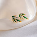 Gold Tone Green Bamboo Leaf Clear Look Stud Earrings view 3