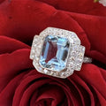 Silver Tone Aqua Emerald Cut Halo Ring Sizes 6 to 10 view 2