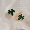 Dark Green Enamel Maple Leaf Earrings Gold Beaded Edge Crystal view 7