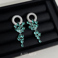 Silver Tone Emerald Green Leaf Vine Long Drop Stud Earrings view 3