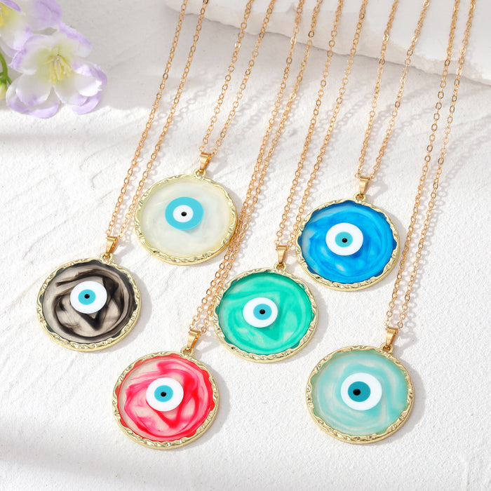 Gold Tone Round Resin Evil Eye Pendant Necklaces in Six Colors