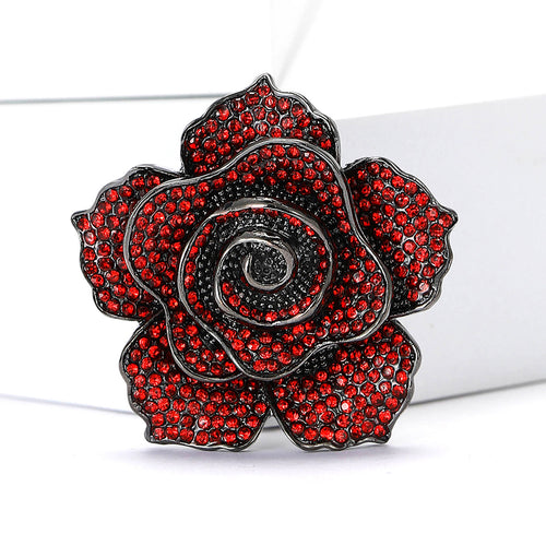 Angled view of the crystal rose flower brooch