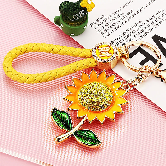 Crystal Center Sunflower Keychains With Optional Yellow Wrist Strap