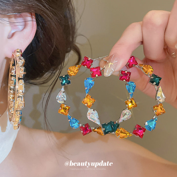 Large Multicolor Crystal Hoop Earrings in Two Finishes