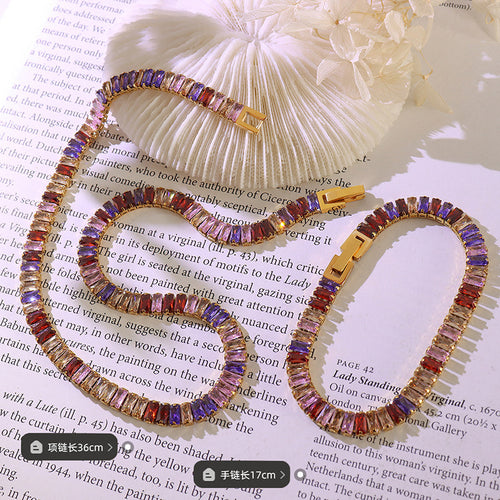 Multicolor baguette CZ necklace and bracelets with 36cm and 17cm labels