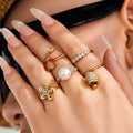 316L Steel Open Rings Flower Ladybug Bell Pearl Five-Stone view 2