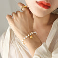 Freshwater Pearl Elastic Bracelet Gold Heart Charm Beads view 1