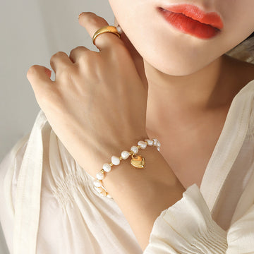 Freshwater Pearl Elastic Bracelet Gold Heart Charm Beads