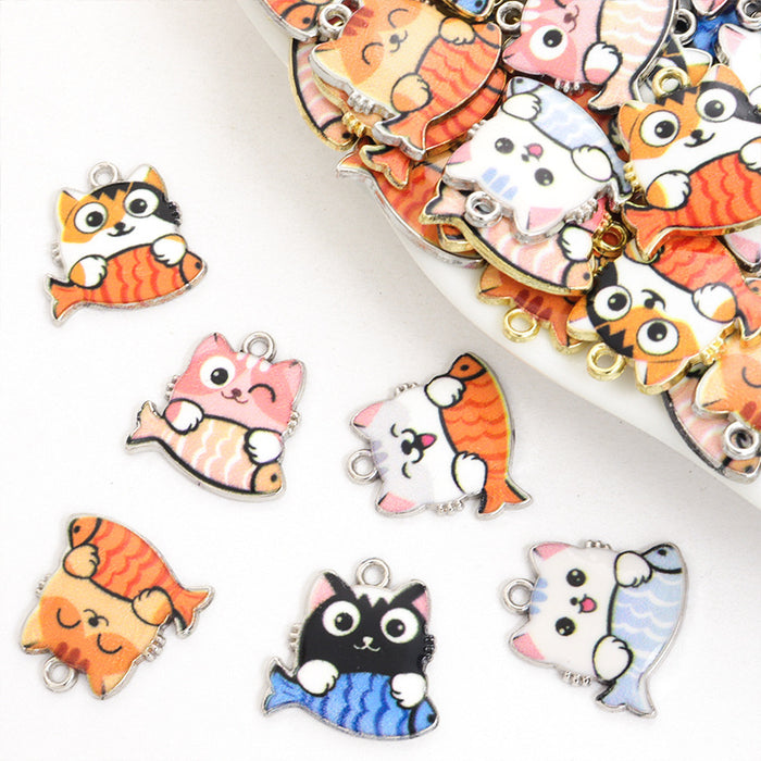 Colorful Enamel Cat Holding Fish Metal Charms, 12 Designs