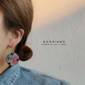 Gold Tone Multicolor Floral Fabric Round Disc Hook Earrings view 2