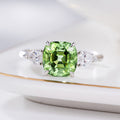 Green Cushion Three-Stone Ring With Pear Side Stones In Silver Tone view 2