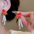 Red Horse Stud Earrings With White Beaded Chain Tassels view 2