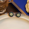 Gold Multicolor Rhinestone Flower Opal Center Stud Earrings view 1