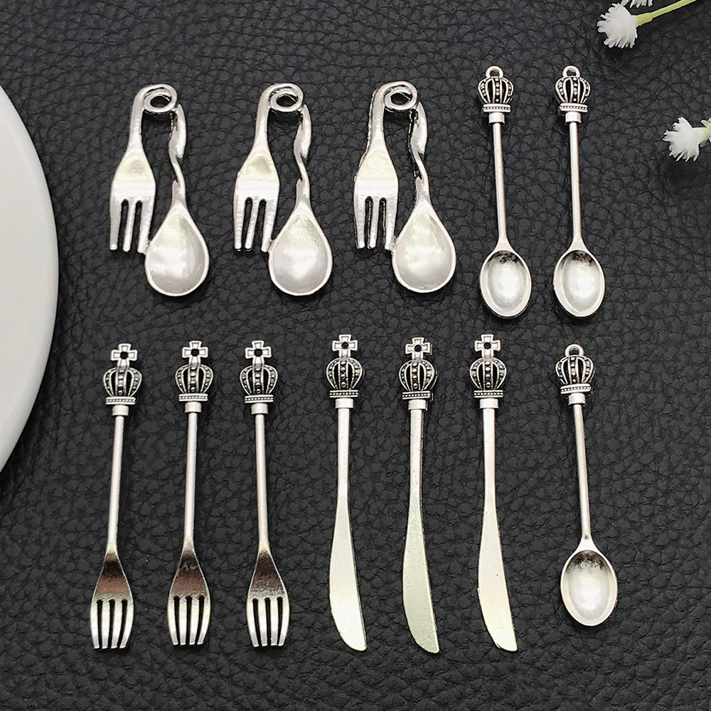 Vintage Zinc Alloy Crown Knife Fork Spoon Charm Pendants for Handmade Jewelry DIY