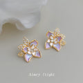 Gold Iridescent Purple Enamel Flower Crystal Leaf Studs view 4
