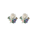 White Ceramic Rose Blue Green Leaf Floral Stud Earrings view 5