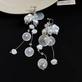 Translucent Petal and Pearl Cascade Long Clip Earrings view 6