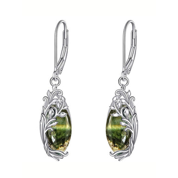 White Gold Tone Green Marquise Openwork Leaf Leverback Earrings