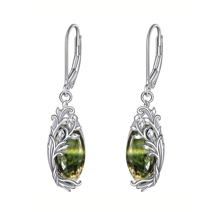 White Gold Tone Green Marquise Openwork Leaf Leverback Earrings