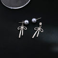 Gray Pearl Stud Earrings With Detachable Silver Bow view 4
