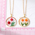 Gold Tone Round Raised Tulip Pressed Flower Resin Necklaces view 5