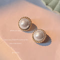 Antique Gold Twisted Rope Round White Pearl Stud Earrings view 4