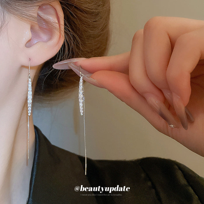 Silver Tone Teardrop Chain Long Threader Drop Earrings