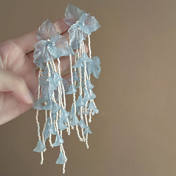 Sheer Leaf and Beaded Tassel Earrings in White and Blue