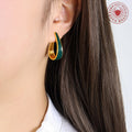 Gold Steel Teardrop Enamel Hoop Stud Earrings Grey Green view 4