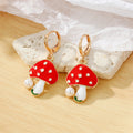 Gold Tone Red Enamel Mushroom Huggie Drop Earrings view 3