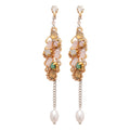 Iridescent Crystal Leaf And Pearl Chain Drop Earrings view 5