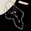 Silver Multi Layer Pearl Cross Medal Necklace Four Piece Set view 6