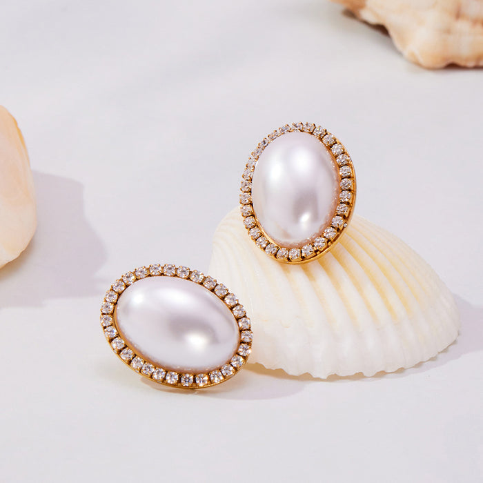 Oval Shell Pearl Zircon Halo Studs And Pave Ear Cuffs