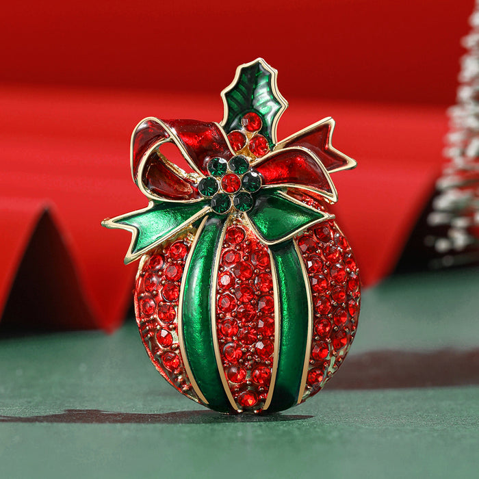 Red Crystal Apple Brooch with Green Enamel Bow and Leaf
