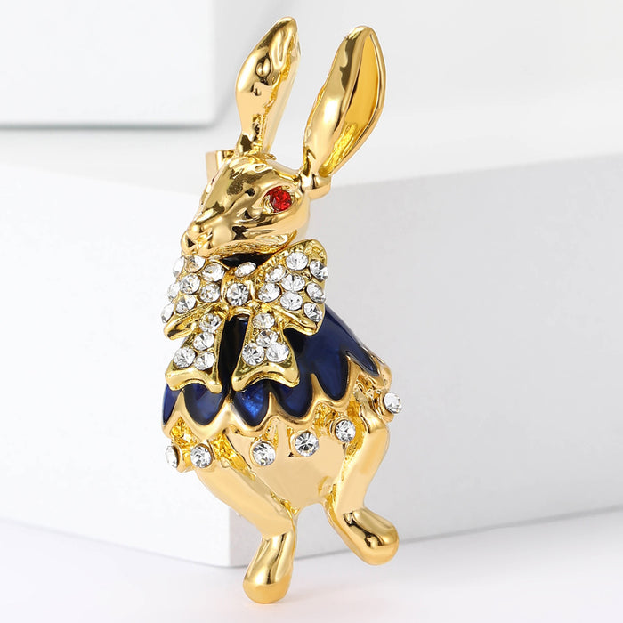 Gold Tone Rabbit Brooch With Blue Enamel and Crystal Bow