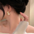 Gold Tone Floral Crystal Pearl Cluster Hoop Earrings view 4