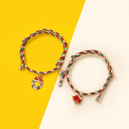 Christmas couple bracelets wreath and red boot charms magnetic heart