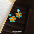 Blue Beaded Gold Tone Floral Cluster Stud Earrings view 4