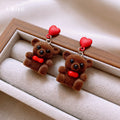 Brown Flocked Teddy Bear Red Heart Studs and Necklace view 4
