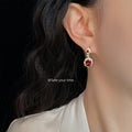 Gold Tone Red Oval Stone Clear Halo Drop Stud Earrings view 2
