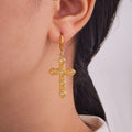 Textured Cross Drop Crystal Hoop Earrings in Gold Tone view 2