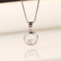 Silver Tone Circle Pendant Half Clear Stone Box Chain Necklace view 3