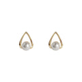 Gold Tone Open Teardrop Frame White Pearl Stud Earrings view 5