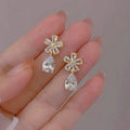 Gold Tone Flower Clear Teardrop Stud Earrings Polished Jewelry Accessory view 2