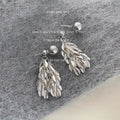 Silver Tone Gray Pearl And Layered Leaf Fringe Drop Stud Earrings view 4