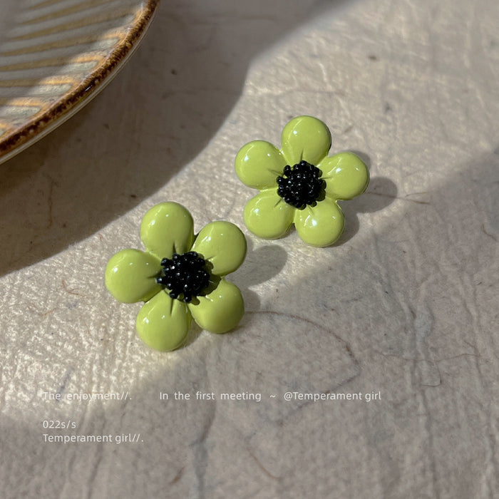 Lime Green Five Petal Flower Stud Earrings Black Center