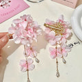 Pink Fabric Hydrangea Duckbill Hair Clip Pearl Drop Chains view 2
