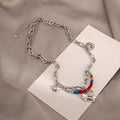 Silver Chain Heart Charm Necklace Multicolor Seed Beads view 1